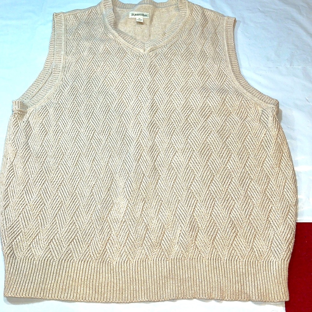 St. John's Bay L beige tan cotton WEAVE knit criss crossed Sweater VEST pullover